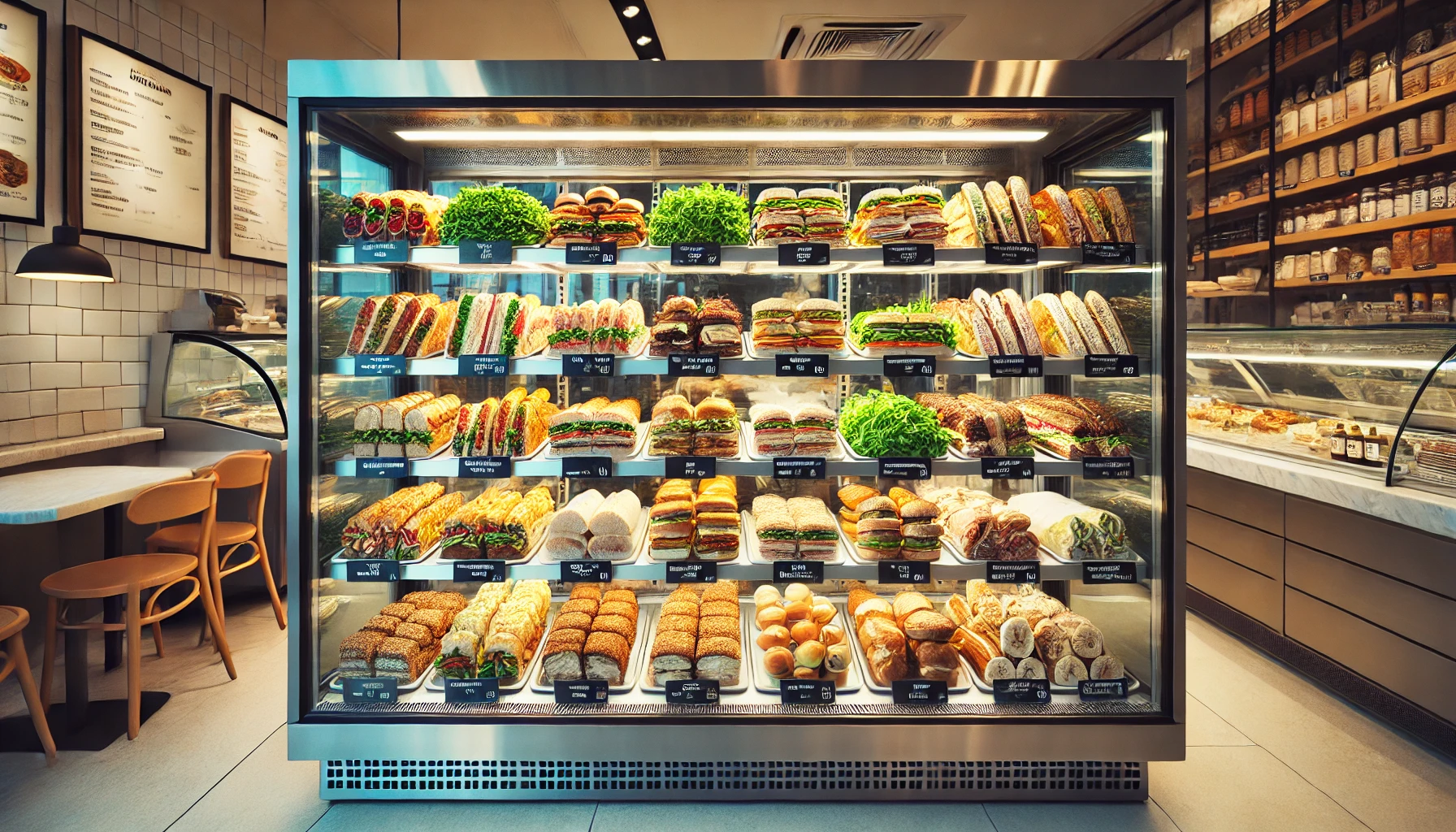 Una vetrina refrigerata piena di panini assortiti. La vetrina &egrave; ben illuminata e mostra diversi tipi di panini disposti ordinatamente su vassoi. I panini variano per dimensione, ingredienti e tipi di pane, creando una presentazione colorata e appetitosa. La vetrina stessa &egrave; moderna, con una parte anteriore in vetro trasparente che permette una visione completa dei panini all'interno. Ci sono etichette con i prezzi per ciascun tipo di panino, conferendo un aspetto professionale e organizzato. Lo sfondo suggerisce un ambiente pulito e invitante di una gastronomia o caffetteria.