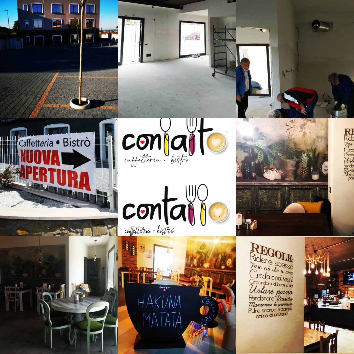 Collage di immagini del locale Contaiò Caffetteria Bistrò, dalla nuova apertura alla decorazione interna