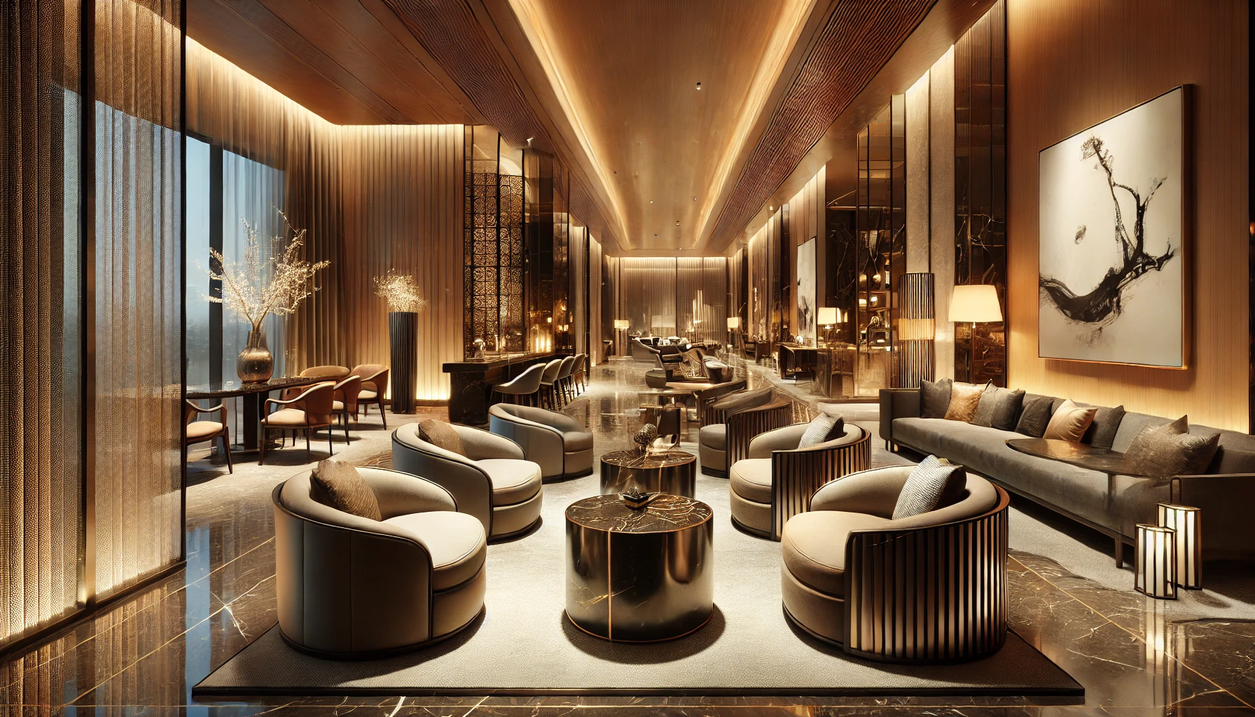 Interno sofisticato di un locale commerciale, con arredi di lusso e decorazioni eleganti. La scena include mobili moderni di alta qualit&agrave; con materiali come legno lucido, marmo e vetro. L'illuminazione calda &egrave; strategicamente posizionata per evidenziare i dettagli raffinati dello spazio. Ci sono aree di seduta lussuose, tavoli eleganti e elementi decorativi che esprimono un senso di qualit&agrave; e raffinatezza, enfatizzando l'importanza di investire in soluzioni di alta gamma per gli spazi commerciali.