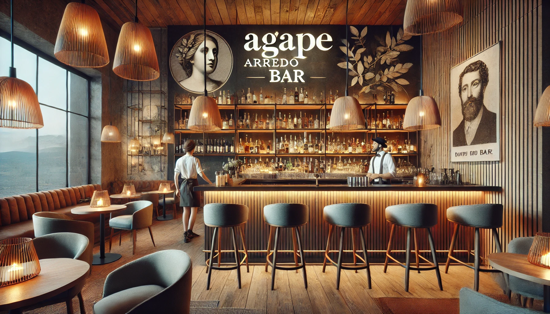 Interno di un bar elegante e accogliente arredato da Agape Arredo Bar. Il design include mobili di alta qualit&agrave;, un'atmosfera invitante e personale di servizio attento. La decorazione &egrave; moderna e accogliente, con sedute comode, illuminazione calda e dettagli attentamente scelti che migliorano l'esperienza complessiva.