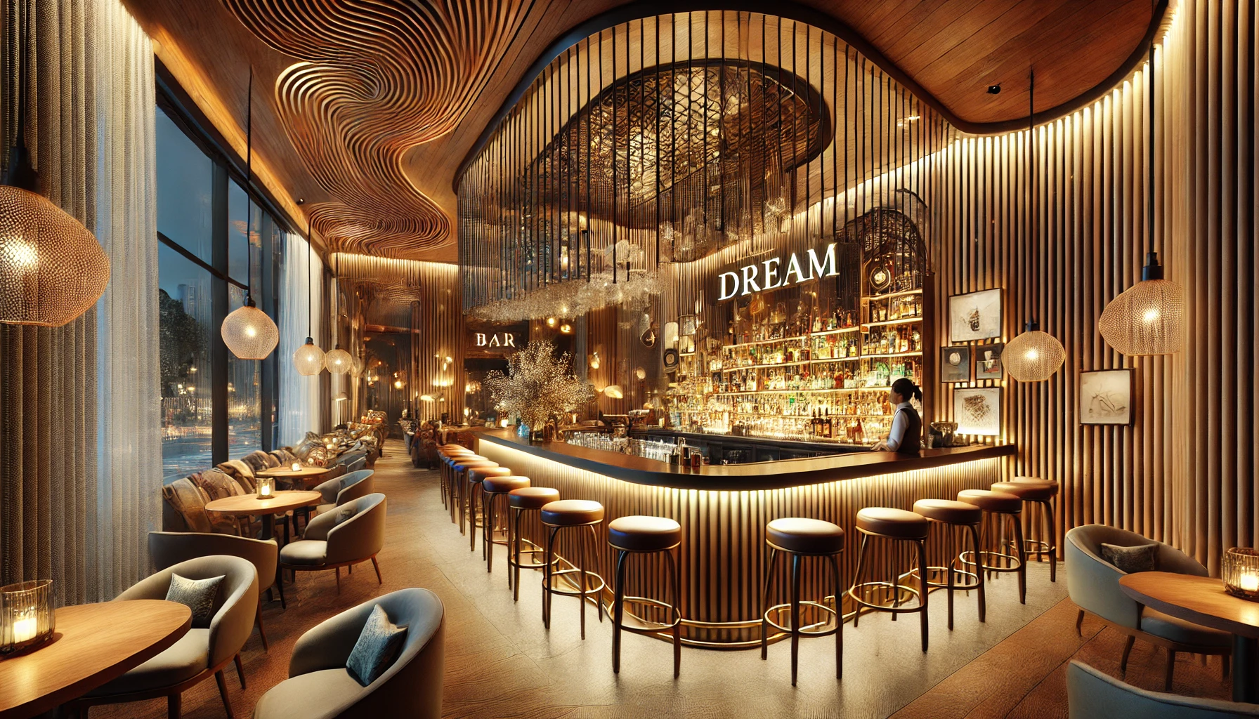 Interno di un bar da sogno dove i clienti possono rilassarsi e godersi un'atmosfera unica. Il punto focale &egrave; un banco bar elegantemente progettato, cuore pulsante dell'ambiente. Lo spazio include elementi essenziali per un allestimento perfetto: sedute comode, decorazioni eleganti, illuminazione calda e materiali di alta qualit&agrave;. Il design riflette una visione di eleganza e comfort, con ogni dettaglio accuratamente scelto per migliorare l'esperienza complessiva. L'ambiente &egrave; invitante, ideale per far rilassare i clienti e farli sentire accolti, con personale attento che contribuisce all'atmosfera accogliente.