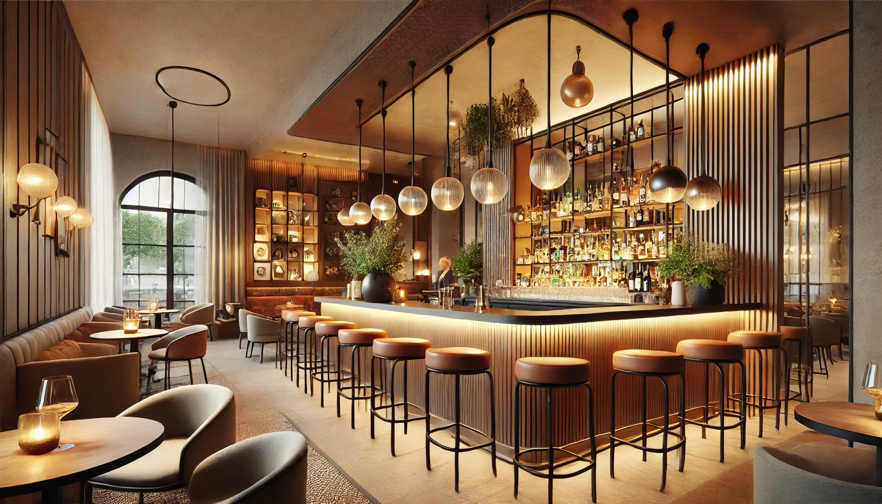 Interno di un bar accogliente e funzionale, arredato facilmente e convenientemente grazie alla vendita diretta e alla progettazione gratuita offerta da Agape Arredo Bar di A.F. srl. L'immagine mostra un elegante banco bar, sedute comode, decorazioni raffinate e illuminazione calda. Materiali di alta qualit&agrave; sono utilizzati in tutto lo spazio, creando un ambiente che riflette funzionalit&agrave; e ospitalit&agrave;. Il design del bar &egrave; sia invitante che efficiente, ideale per far rilassare i clienti. Il personale attento e i dettagli accuratamente scelti migliorano l'esperienza complessiva, dimostrando i benefici di scegliere questa azienda leader per gli arredi commerciali.