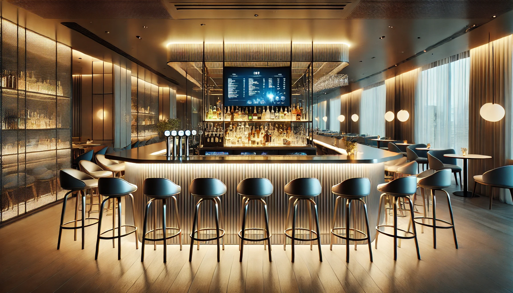 Modern bar, sleek design, polished stainless steel counter, under-counter lighting, ergonomic bar stools, digital menu displays, chic neutral decor, warm inviting lighting, patrons enjoying drinks, contemporary aesthetics.