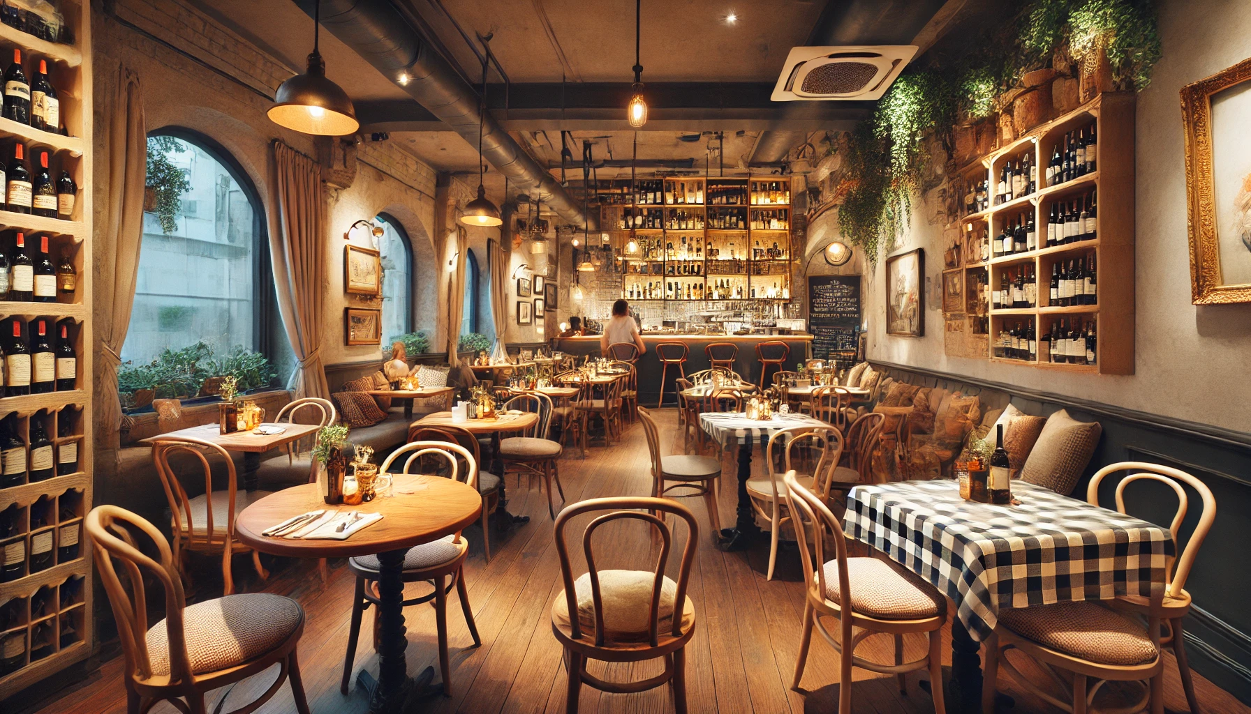 Bistrot accogliente, design affascinante, tavoli e sedie in legno, decorazioni vintage, illuminazione calda, bottiglie di vino sugli scaffali, piante verdi, pavimento in legno scuro, tovaglie a quadretti, ambiente intimo, elementi moderni e classici, men&ugrave; su lavagna, clienti che godono dei pasti.