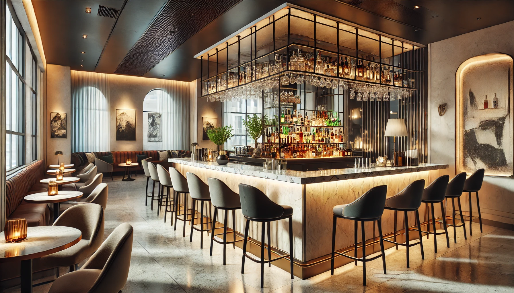 Un interno elegante e moderno di un bar con un bancone in marmo lucido, sedute confortevoli, illuminazione d'atmosfera e decorazioni eleganti. Lo scenario include un retrobanco ben organizzato con vari bicchieri e bottiglie, un'area bistrot accogliente con tavolini e sedie, e decorazioni artistiche alle pareti.